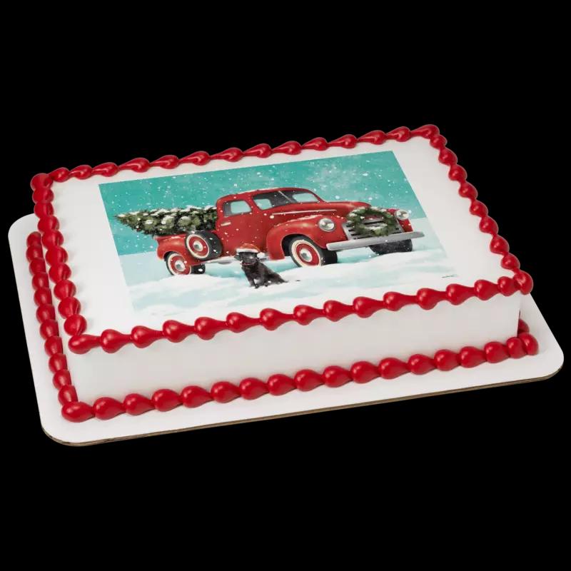 Classic Red Truck with Tree Cake
